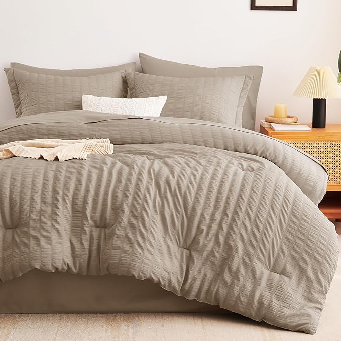 CozyLux Queen Comforter Set Khaki Seersucker 7 Pieces Bed in a Bag Queen Comforter Set with Sheets, Luxury Soft Bedding Set with Down Alternative Comforter, Sheets, Pillowcases & Shams for All Seasons