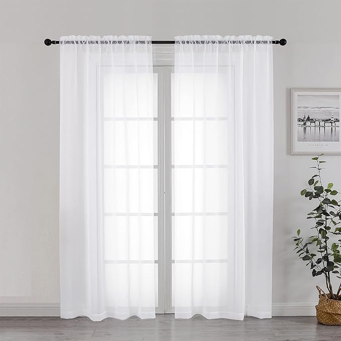 Chyhomenyc White Sheer Curtains 72 Inch Length 2 Panels, Light Filtering Top Dual Rod Pocket Voile Window Curtain Drapes for French Door, Bedroom Living and Children Room, Each 42W x 72L