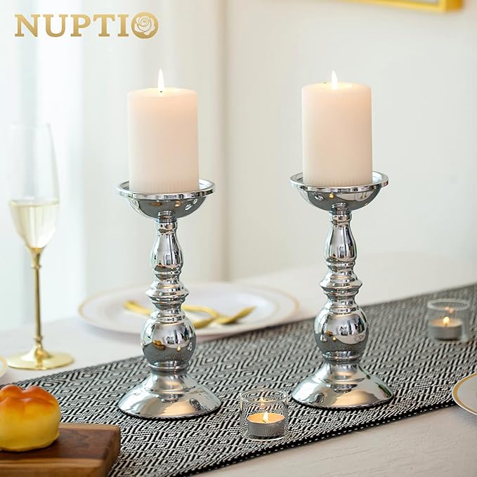 Nuptio Silver Pillar Candle Holders, Wedding Centerpieces Metal Candle Holder for 3 inches Candles Stand Decoration Ideal for Weddings Special Events Parties Living Room, 2 Pcs