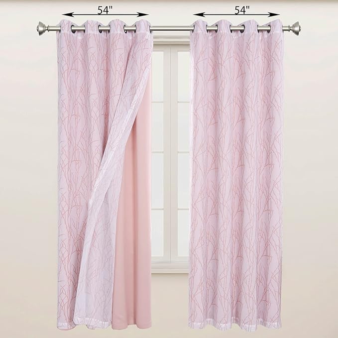 BONZER Mix and Match Curtains - 2 Pieces Branch Print Sheer Curtains and 2 Pieces Blackout Curtains for Bedroom Living Room Grommet Window Drapes, 54x84 Inch/Panel, Blush, Set of 4 Panels