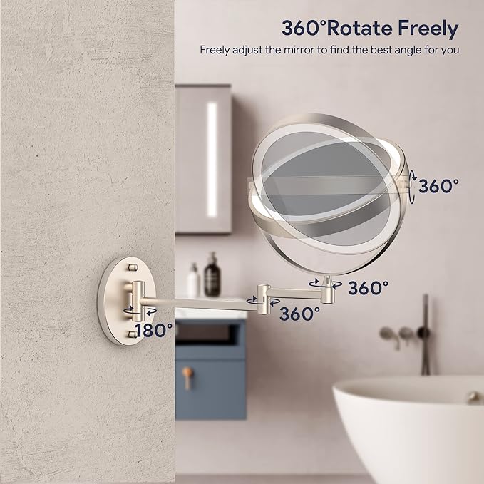 Rocollos Rechargeable Wall Mounted Lighted Makeup Mirror, 8 Inch Double-Sided LED Vanity Mirror 1X/10X Magnification,3 Color Lights Touch Screen Dimmable 360°Swivel 13 Inch Extendable