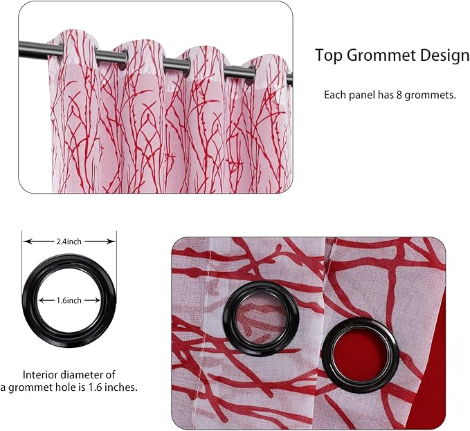 BONZER Mix and Match Curtains - 2 Pieces Branch Print Sheer Curtains and 2 Pieces Blackout Curtains for Bedroom Living Room Grommet Window Drapes, 54x63 Inch/Panel, Red, Set of 4 Panels