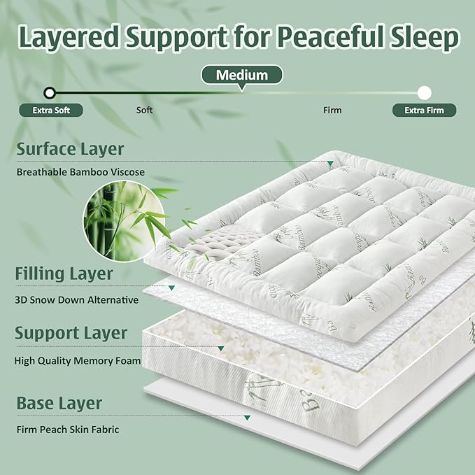 DOWNCOOL 3 Inch Memory Foam Mattress Topper Queen – Cooling Pillow Top Mattress Topper for Back Pain Relief, with Bamboo Viscose Air Layer, 1700 GSM Fill, Deep Pocket Fits 8–21 Inch