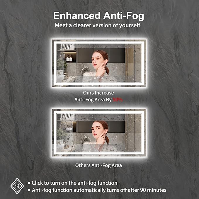 Backlit Bathroom Mirror, 55x30 Inch Gradient Front and Backlit Mirror, 3 Colors Dimmable CRI>90 Double Lights, IP54 Enhanced Anti-Fog, Hanging Plates Wall Mount LED Bathroom Mirror