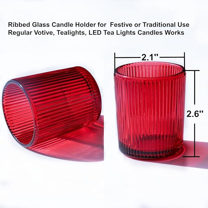 VOHO 24pcs Red Votive Candle Holders for Table Centerpiece, Ribbed Tealight Candle Holder for Christmas & Valentine's Day Decor, Vintage Glass Votive Holder for Gifts