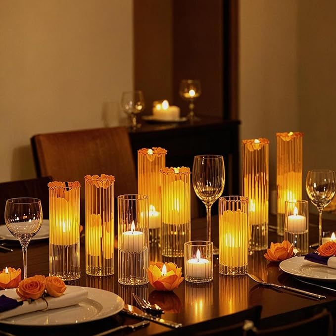 yshengood 12 Pcs Ribbed Hurricane Glass Candle Holders Glass Cylinder Candle Holder for Pillar Candle Floating Candle Holder