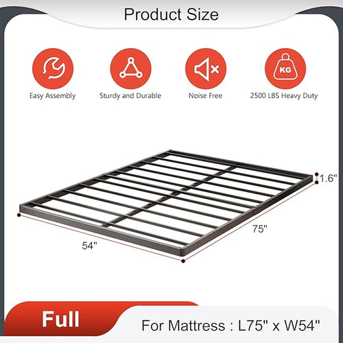 1.6 Inch Bunkie Board Full Low Heavy Duty Metal Box Spring Full Size Bed Base, Sturdy Mattress Foundation, Easy Assembly, Noise Free, Black