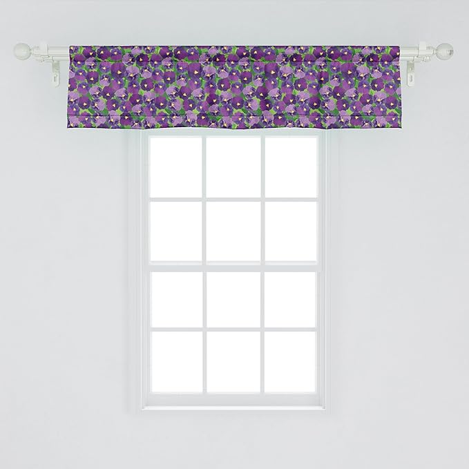 Ambesonne Botanical Window Valance Pack of 2, Green Field Full of Burgeoning Pansy Inflorescence Garden Flourish Bedding Plants, Rod Pocket Curtain Valances for Kitchen Bedroom, 54" X 12", Purple