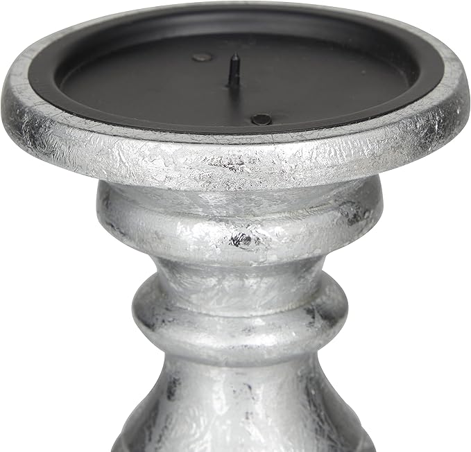 Deco 79 Traditional Mango Wood Pillar Candle Holder, Set of 3 10", 8", 6"H, Silver