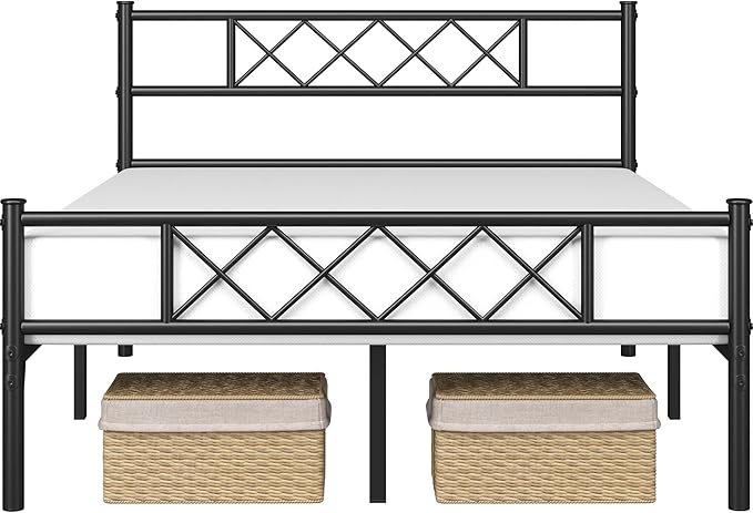Yaheetech Queen Size Metal Platform Bed Frame with Simple Headboard and Footboard, Mattress Foundation for Under Bed Storage, Steel Slat Support, No Box Spring Needed, Easy Assembly, Black
