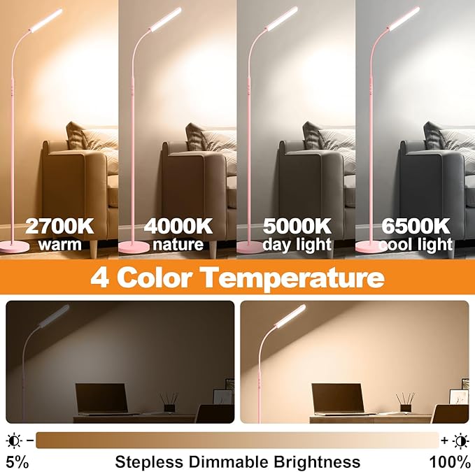 Pink LED Floor Lamp, 18W 1800LM Bright Floor Lamp with Remote & Works with Smart Plug, Dimmable Timing Eye Caring Reading Light Modern Standing Floor Lamps for Living Room Bedroom Office