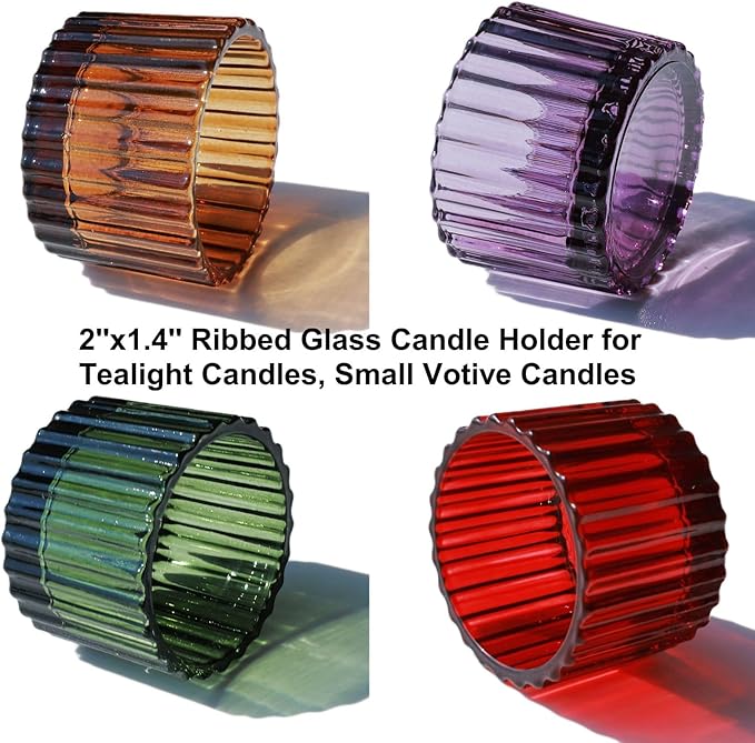 VOHO 24pcs Multicolor Votive Candle Holders for Centerpiece Table Decorations, Ribbed Glass Christmas Candle Holder Gifts for Women, Festive Tealight Candle Holder for Votive/Tea Lights Candles