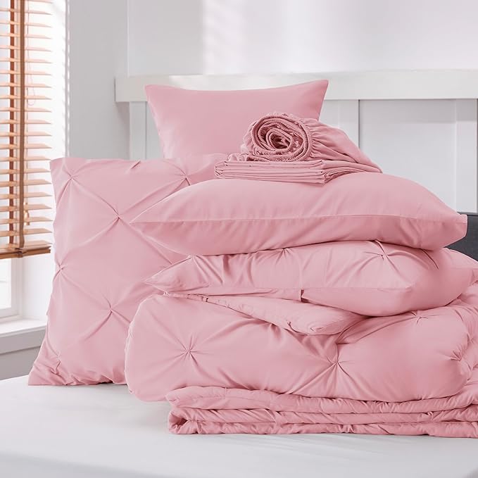 Bedsure Twin Comforter Set Baby Pink - Bed in a Bag Twin Size Bedding 5 Pieces, GentleSoft™ Pintuck Bed Set Gift for Family, Pinch Pleat Pink Comforter with Sheets, Pillowcase & Sham