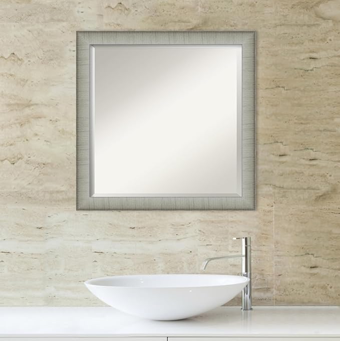 Amanti Art Silver Bathroom Mirror for Over Sink, 23x23 Elegant Brushed Pewter Narrow Square Vanity Mirror, Medium Casual Frame, Hangs Horizonally and Vertically, Bathroom Wall Decor, Beveled Edge