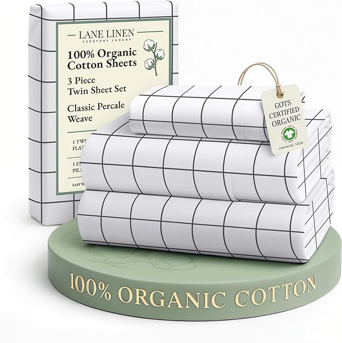 LANE LINEN Twin Sheet Set, 100% Organic Cotton Sheets Twin Size, 3Pc Twin Sheets Sets, Premium Bedding Sheets & Pillowcases, Percale Sheets, 15" Deep Pocket Twin Fitted Sheet - Windowpane