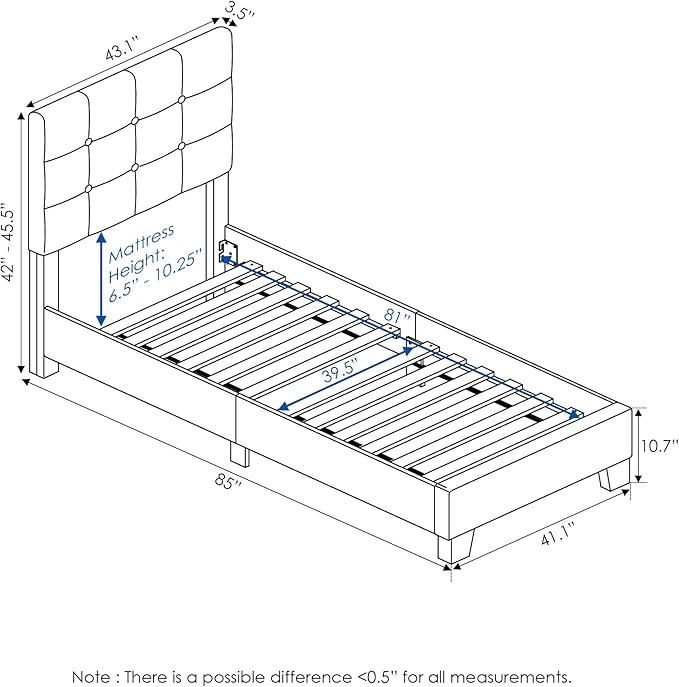 Furinno Laval Button Tufted Upholstered Platform Bed Frame, Twin XL, Glacier