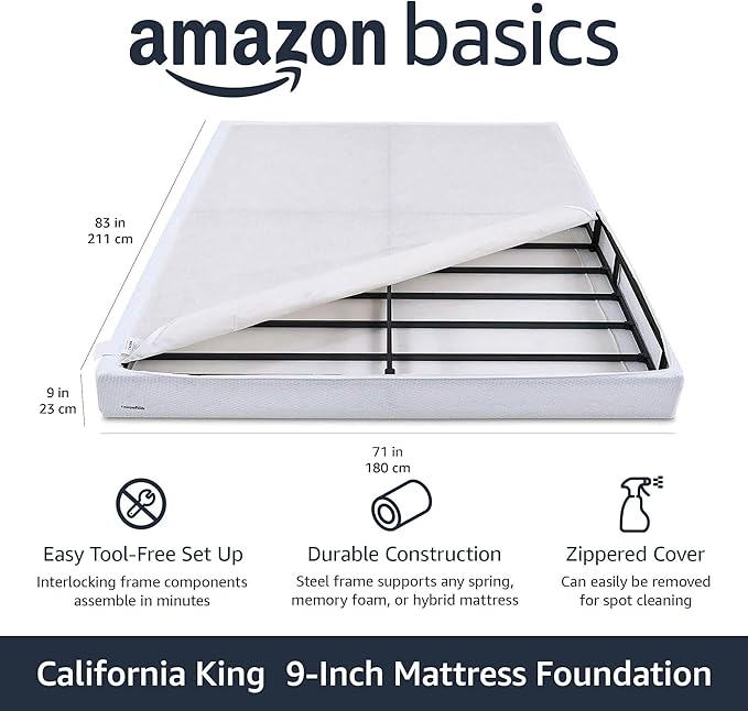 Amazon Basics Smart Box Spring Bed Base, 9-Inch Height Mattress Foundation, Tool-Free Easy Assembly, Cal King, 83"L x 71"W x 9"H, White