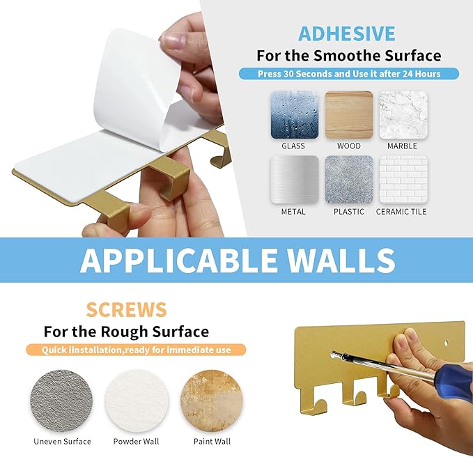 GTK Key Holder for Wall, Key Hooks with 6 Hooks, Wall Mounted Key Holder for Hallway, Self Adhesive Key Rack(Gold)