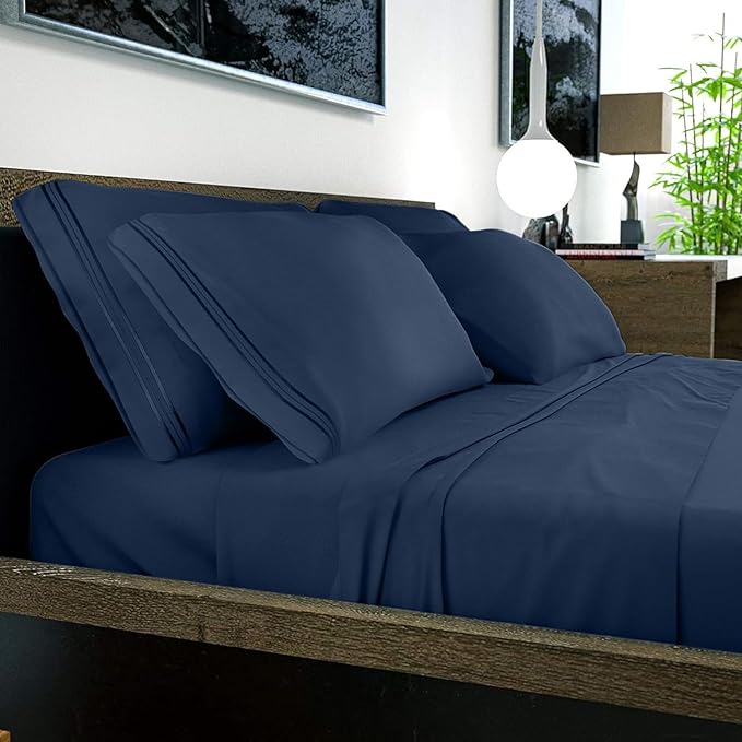 DREAMCARE California King Sheet Sets – 6 pcs Cooling Bed Sheets – up to 21” Deep Cal King Sheets – 2500 Supreme Collection – Extra Soft 100% Brushed Microfiber Hotel Luxury with Side Pocket – N Blue