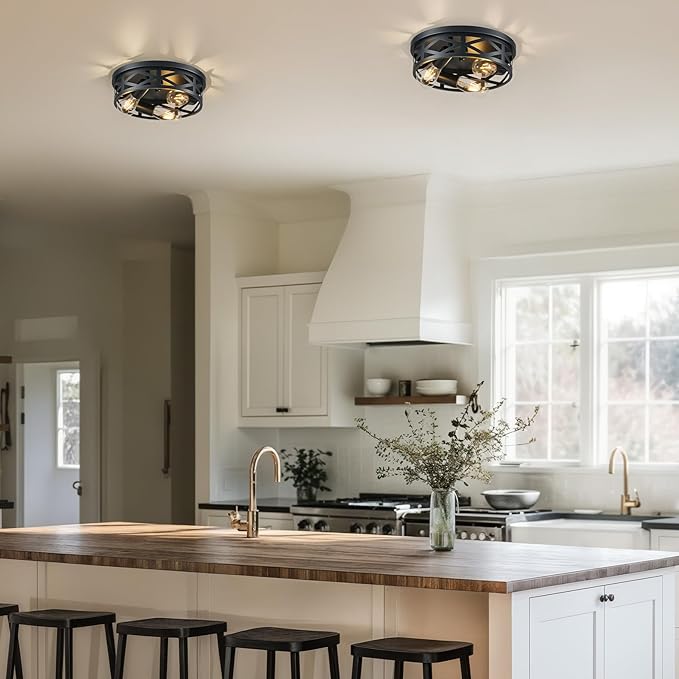 VONLUCE Flush Mount Ceiling Lights, 3-Light Hallway Ceiling Lighting Fixtures, 13 inch Farmhouse Metal Cage Ceiling Lights for Entryway Kitchen, Adjustable Lamp Holders, 2 pcs, Black