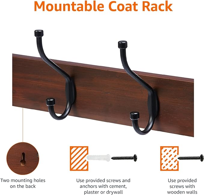 Amazon Basics Rectangular Wall-Mounted Farmhouse Coat Rack, 5 Hook, Light Walnut
