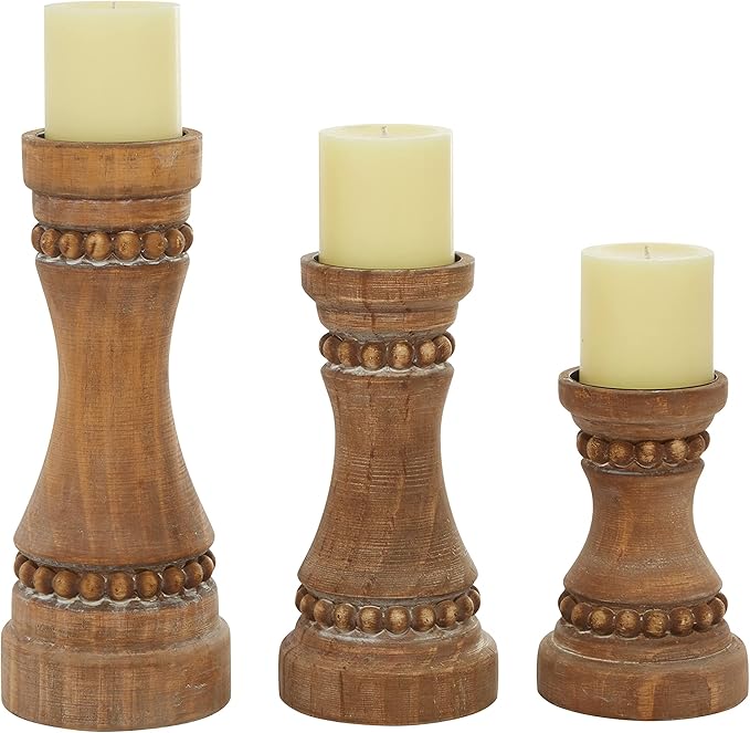 Deco 79 Wood Beaded Pillar Candle Holder, Set of 3 12", 9", 7"H, Brown