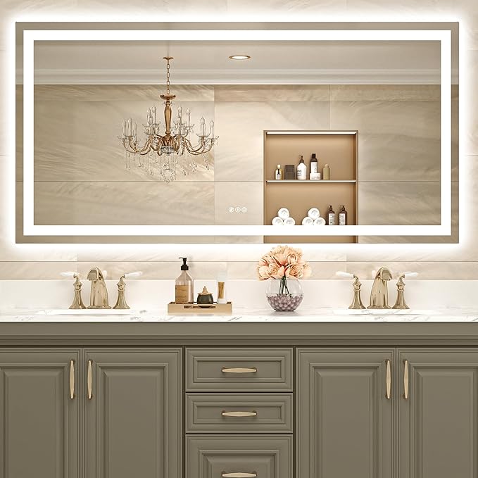 USHOWER LED Bathroom Mirror 72x36 Inch Over Sink - Frameless Tempered Glass LED Backlit Lighted Mirror for Bathroom Vanity with Anti-Fog, 3 Colors Dimmable, Memory Function, Wall-Mounted
