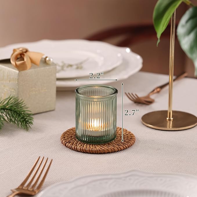 8Pcs Ribbed Green Votive Candle Holders, Tea Light Candle Holder Glass, Green Candle Holders for Table Centerpiece, Wedding, Bridal Shower and Tea Party Decorations