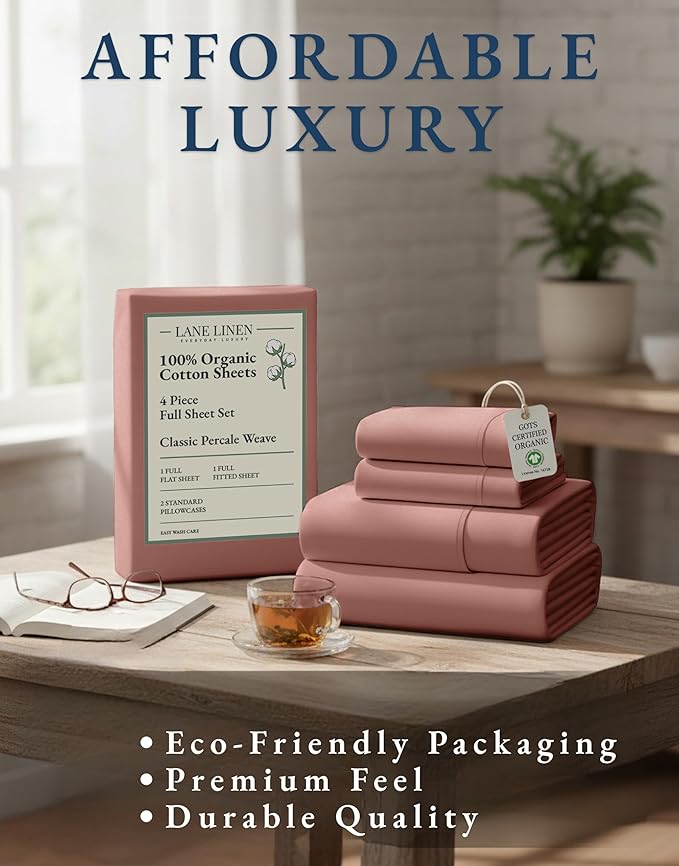 LANE LINEN 100% Organic Cotton Full Sheets Set, 4-Piece Pure Organic Cotton Percale Sheets, Long Staple Cotton Sheet, Ultra Soft Bedding Sheets, Breathable,Fits Mattress Upto 15" Deep - Rose Dawn