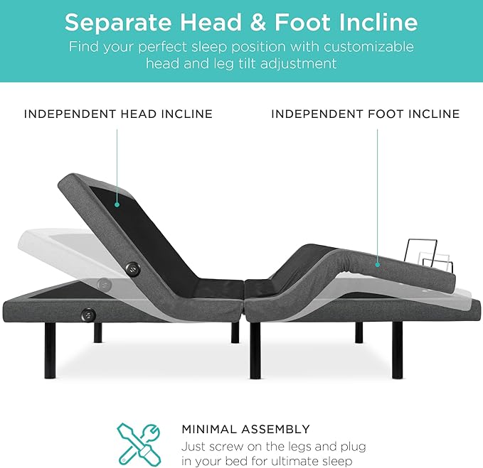 Best Choice Products Ergonomic Split King Size Adjustable Bed Frame, Electric Base w/Wireless Remote Control, Nightlight, Massager, 2 USB Ports