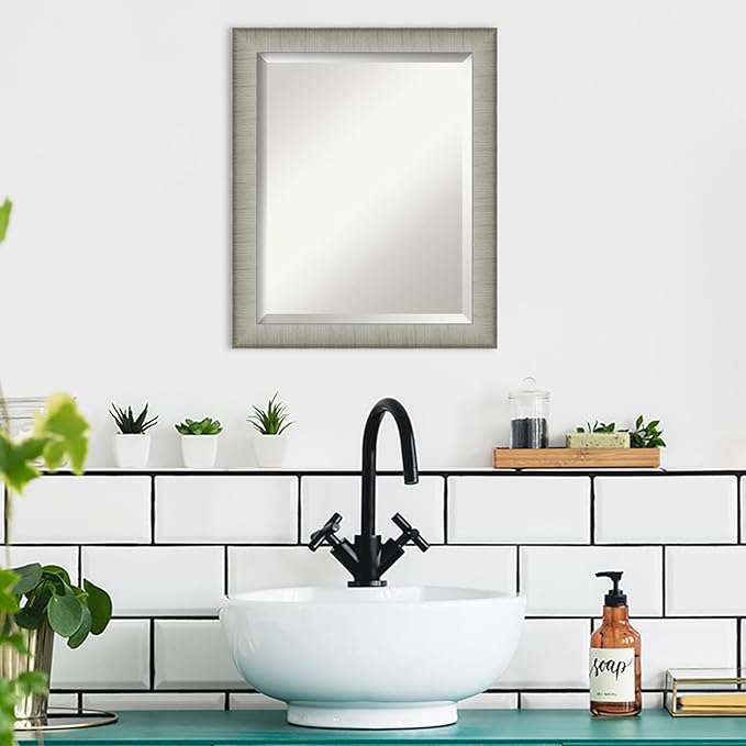 Amanti Art Silver Bathroom Mirror for Over Sink, 23x19 Elegant Brushed Pewter Narrow Rectangle Vanity Mirror, Small Casual Frame, Hangs Horizonally and Vertically, Bathroom Wall Decor, Beveled Edge