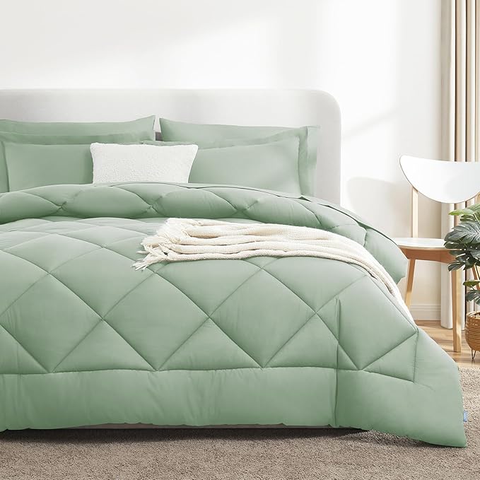 CozyLux King Size Comforter Set Sage Green - 7 Pieces Bed in a Bag King, Luxury Soft Bed Set for All Seasons, Bedding Set with Down Alternative Comforter, Sheets, Pillowcases & Shams