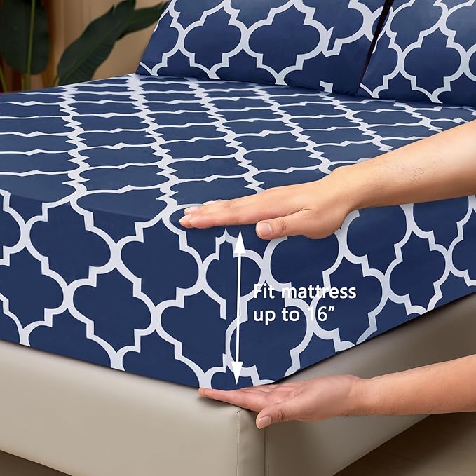 Mejoroom King Bed Sheet Set - Super Soft Brushed Microfiber 1800 Thread Count King Sheets with 15 inch Deep Pocket - Wrinkle Free - 4 Piece(King, Navy Quatrefoil with White Pattern)