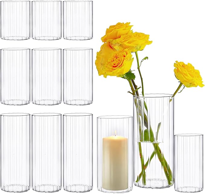 yshengood Glass Hurricane Candle Holder Ribbed Glass Candle Holder - Elegant & Easy to Use, Perfect for Wedding, Holiday, Party Decor, Home and Event Essential