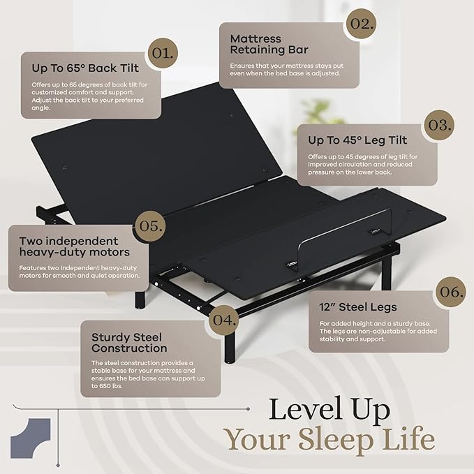 Sven and Son Essential Adjustable Bed Base (Frame Only), Easy Assembly, Head and Foot Lift, Memory Positions, Zero Gravity, Wireless Remote - Queen