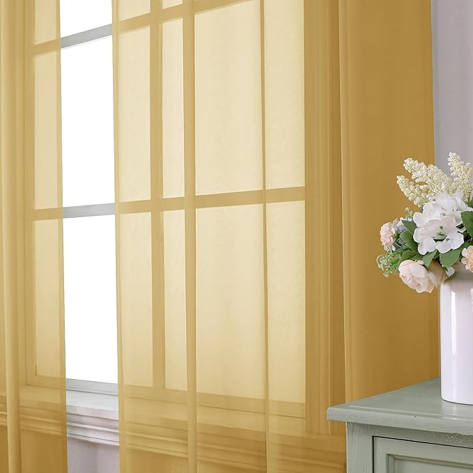 Aiyufeng Gold Sheer Curtain 90 Inches Long 2 Panels Set, Light Filtering Gold Window Curtain Drapes Treatment for Kitchen, Bedroom,Children Room, Dual Rod Pocket, 2 Pack of 42 x 90"