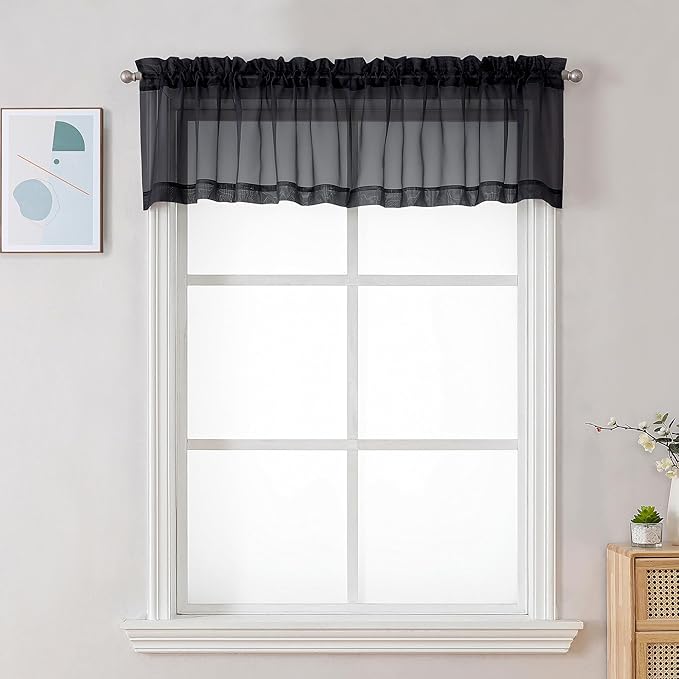 Chyhomenyc Black Sheer Valances for Windows 2 Pack, 42W x 14L Inches Small Window Curtains for Living Room Bathroom Cafe Laundry Basement, Elegant Top Dual Rod Pocket Voile Curtain