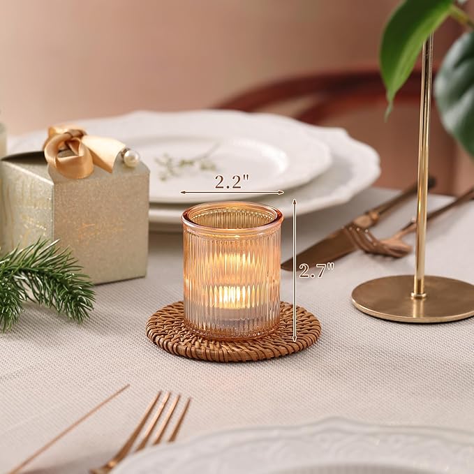 8pcs Ribbed Gold Votive Candle Holders, Tea Light Candle Holder Glass for Wedding Table Decor, Gold Candle Holders for Table Centerpiece, Brithday and Holiday Decorations