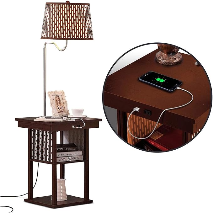 Brightech Madison Side Table with Lamp Combo with LED Bulb, Desk Lamp with USB Port, Bedside Reading Light, Modern End Table with Floor Lamp for Bedroom, Living Room, Office - Havana Brown