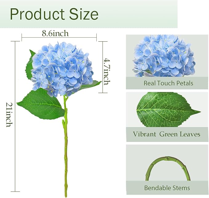 Real Touch Blue Hydrangea Artificial Flowers with Stems, Fake Silk Flowers for Outdoors, 3 Pcs Artificial Flowers for Home Decor Wedding Bouquets Centerpieces Vase