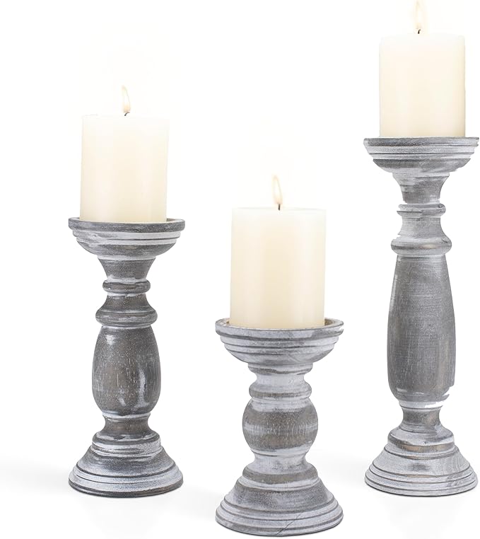 Rustic Wooden Pillar Candle Holders Set of 3, 12'' 9'' 6'' Farmhouse Wood Candle Stand for Table Centerpieces, Vintage Tall Candleholders Fireplace Mantel Decor for Living Room, Grey