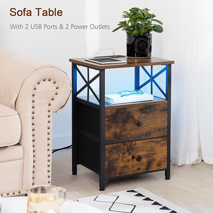 AMHANCIBLE Night Stand Set 2, LED Nightstand with Charging Station, End Tables Living Room with Fabric Drawers, Bedside Table for Bedroom, Rustic Brown, HET052LBR