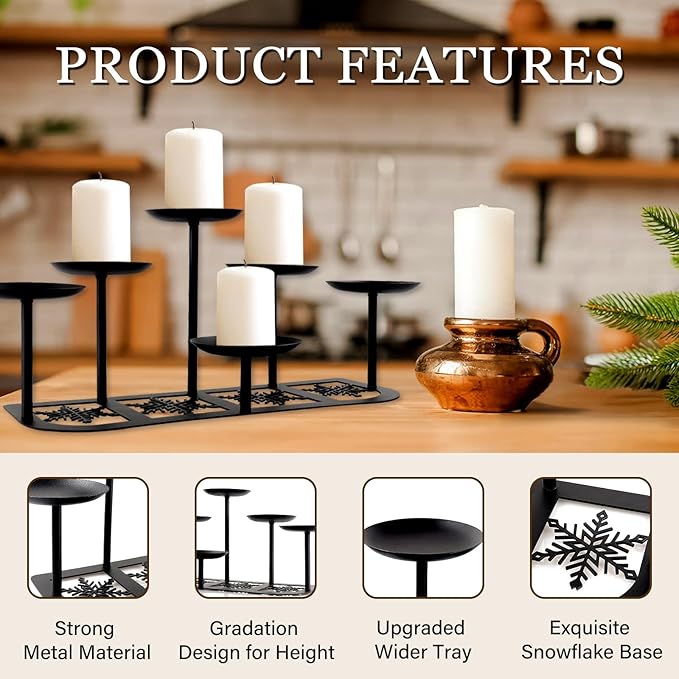 Fireplace Candelabra Candle Holder Matte Black Metal Candleholder with 6 Candle Stands Mantle Decor for Flameless or Wax Pillar Candle Floor Table Centrepiece Christmas Wedding Party Decoration