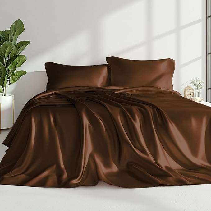 Love's cabin Full Size Satin Sheet Sets - 4 Piece Brown Silky Satin Sheet Set Full with Deep Pocket, Luxury Silk Feel Satin Bed Sheets Full Bedding Set (1 Flat Sheet,1 Fitted Sheet,2 Pillow Cases)