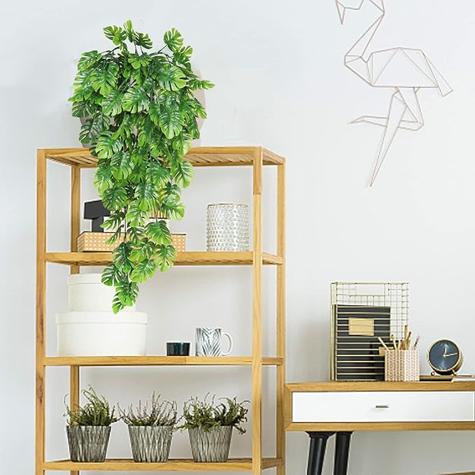 RECUTMS Artificial Hanging Plants 4Pcs, Fake Monstera Leaves Ivy Vine Faux Greenery UV Resistant Tropical Palm Leaf Swag Plant for Garden Home Jungle Hawaiian Luau Party Outdoor Indoor Spring Décor
