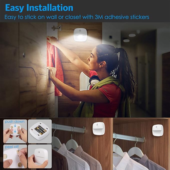 AMIR Upgraded Indoor Motion Sensor Light with PIR Technology - Battery-Powered Wall & Cabinet LED Night Light for Hallway, Bathroom, Kitchen, Stairs (White, 6-Pack)