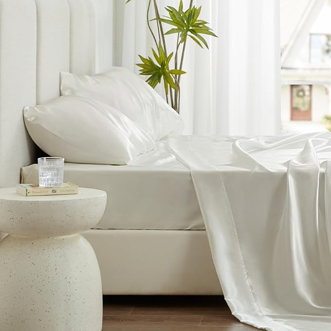 Love's cabin California King Satin Sheet Sets - 4 Piece Ivory Silky Sheets Bed Set with Deep Pocket, Luxury Silk Feel Satin Cal King Sheet Set (1 Flat Sheet,1 Fitted Sheet,2 Pillow Cases)