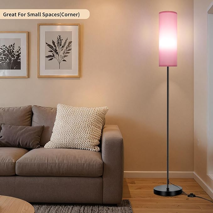 FRIDEKO HOME Floor Lamp with Pink Shade, Simple Design with Foot Pedal Switch, Small Tall Lamps for Living Room Bedroom Office, Corner Floor Stand Light with Black Pole Lamp (No Bulb/No Remote)