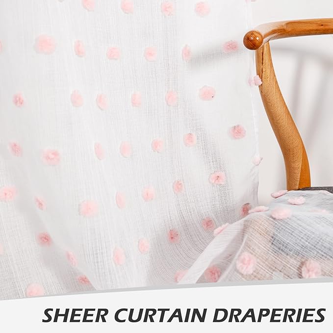 MYSKY HOME 72 Inch Long Pink Pom Pom White Sheer Curtains for Bedroom Curtains for Baby Nursery Door Curtains for Doorway 2 Panels Light Filtering Rod Pocket Semi Window Drapes 52 x 72 inch