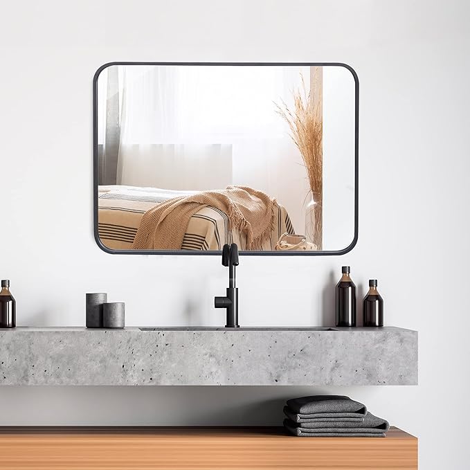 SUPER DEAL 22x30 Inch Black Wall Mirror for Bathroom, Wall Mounted Rectangular Entryways Decor Vanity Mirrors with Stainless Steel Metal Frame and Rounded Edge